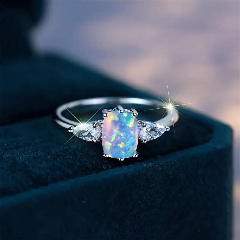 Fashion Multicolor Opal Gorgeous White Marquise Zircon Ring Minimalist Silver Color Rings For Women Crystal Wedding Jewelry