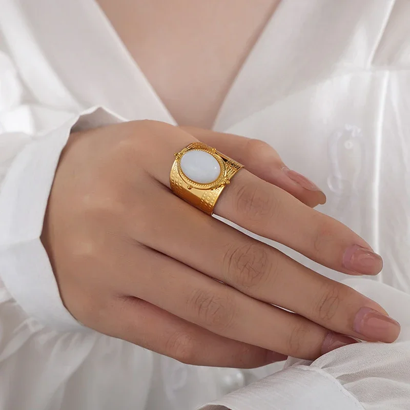 1/2Pcs Turquoise Stone Opal Stone Open Rings For Women Stainless Steel Vintage Gold Color Wide Ring Finger Rings Jewelry Gifts
