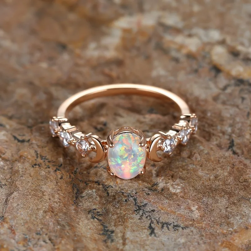 Vintage Oval Faux Opal Moon Ring Women Fashion Creative Rose Gold Color Temperament Wedding Jewelry Accessories
