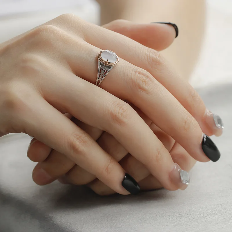 LAMOON Luxury Vintage Bijou Opal Cat Eye Stone Ring For Women 925 Sterling Silver Double Color K Gold Plated Antique Jewelry