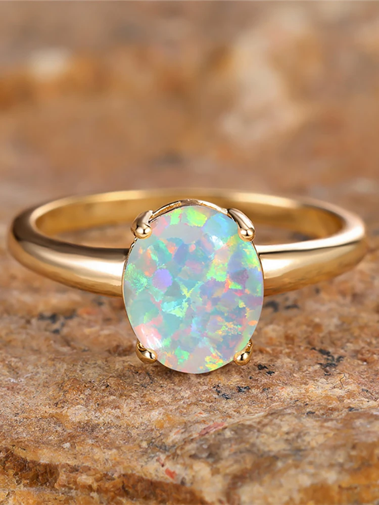 White Fire Opal Egg Ring Big Oval Stone Engagement Rings For Women Vintage Gold Color Wedding Bands Jewelry Minimalist Accessory