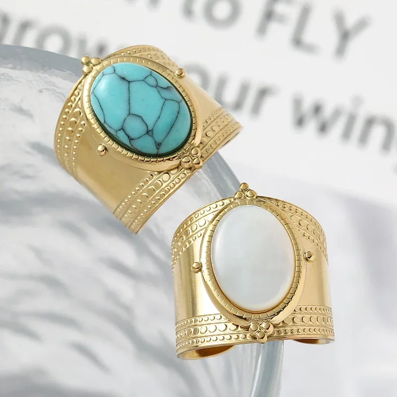 1/2Pcs Turquoise Stone Opal Stone Open Rings For Women Stainless Steel Vintage Gold Color Wide Ring Finger Rings Jewelry Gifts