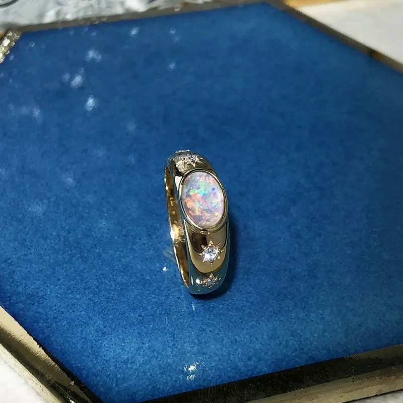 Original Designer Color Opal rings for women Glossy Crystal Octagonal Star Silver Ring Couple Style Party Fine Jewelry