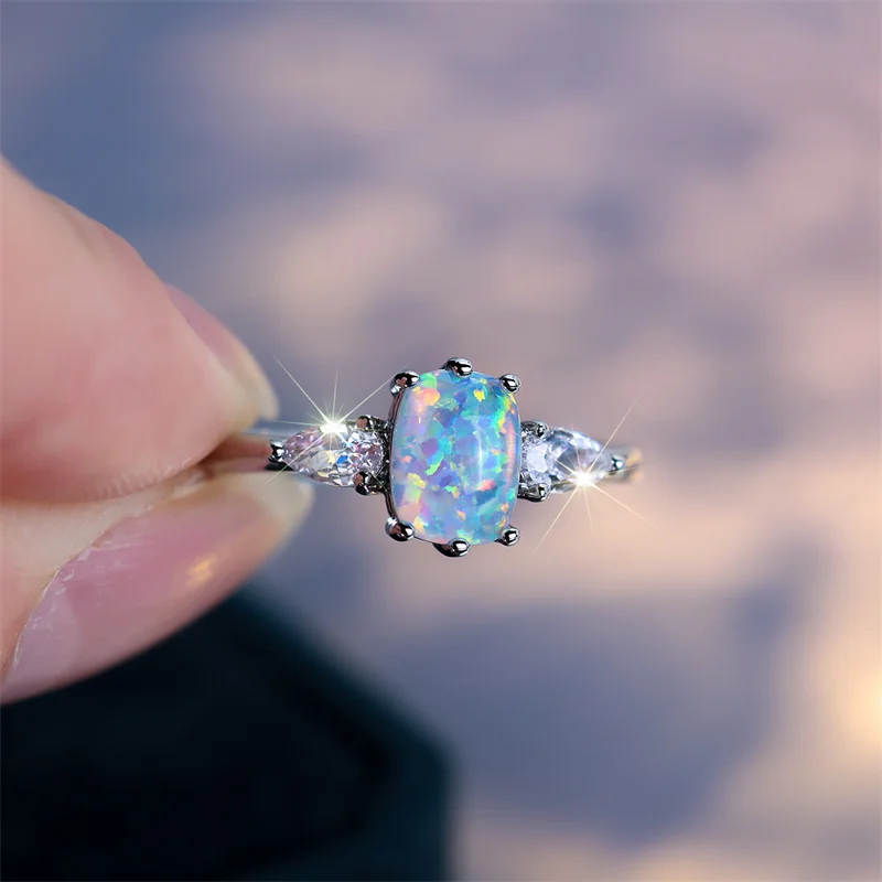Fashion Multicolor Opal Gorgeous White Marquise Zircon Ring Minimalist Silver Color Rings For Women Crystal Wedding Jewelry