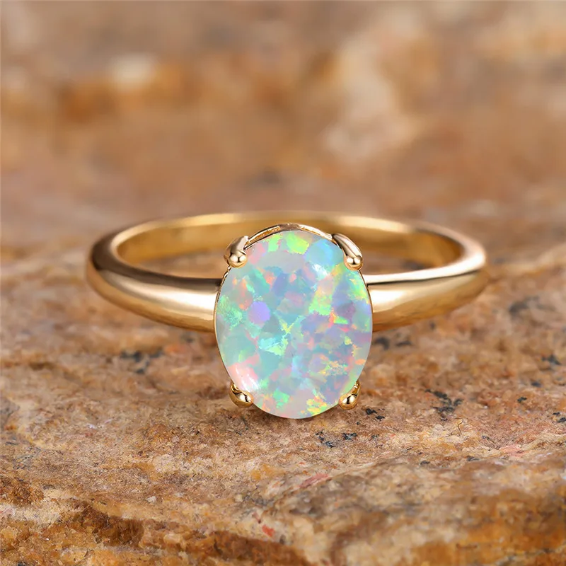 White Fire Opal Egg Ring Big Oval Stone Engagement Rings For Women Vintage Gold Color Wedding Bands Jewelry Minimalist Accessory