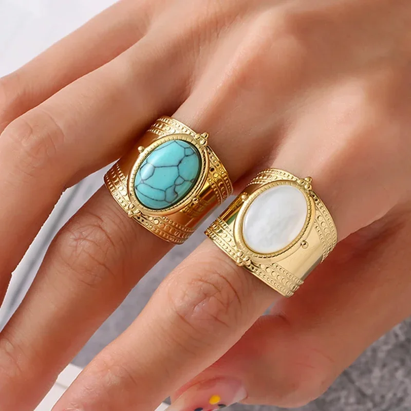 1/2Pcs Turquoise Stone Opal Stone Open Rings For Women Stainless Steel Vintage Gold Color Wide Ring Finger Rings Jewelry Gifts