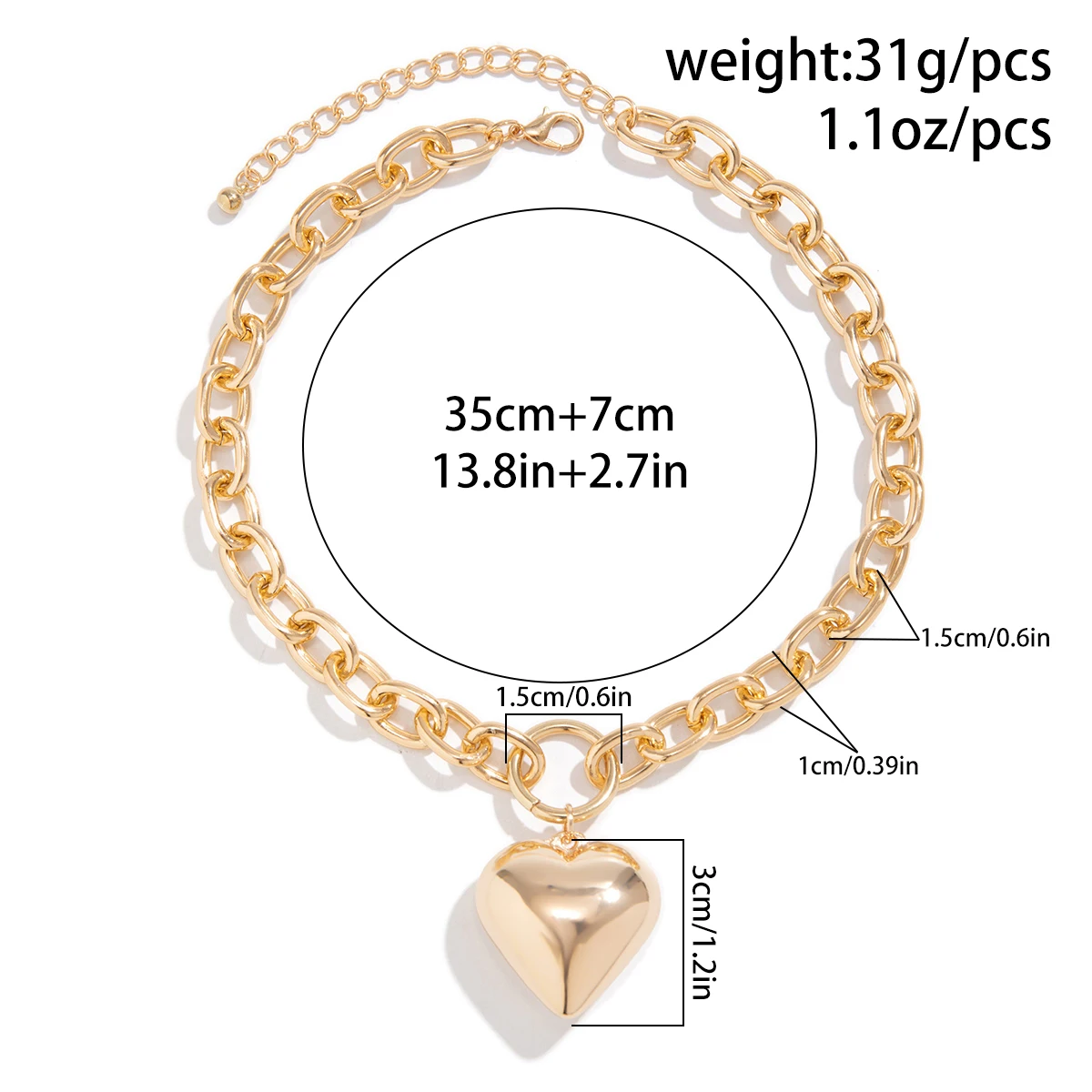 Goth Gold Color Big Love Heart Pendant Choker Necklace for Women Trend 2024 Vintage Chunky Chain Grunge Jewelry Steampunk Men