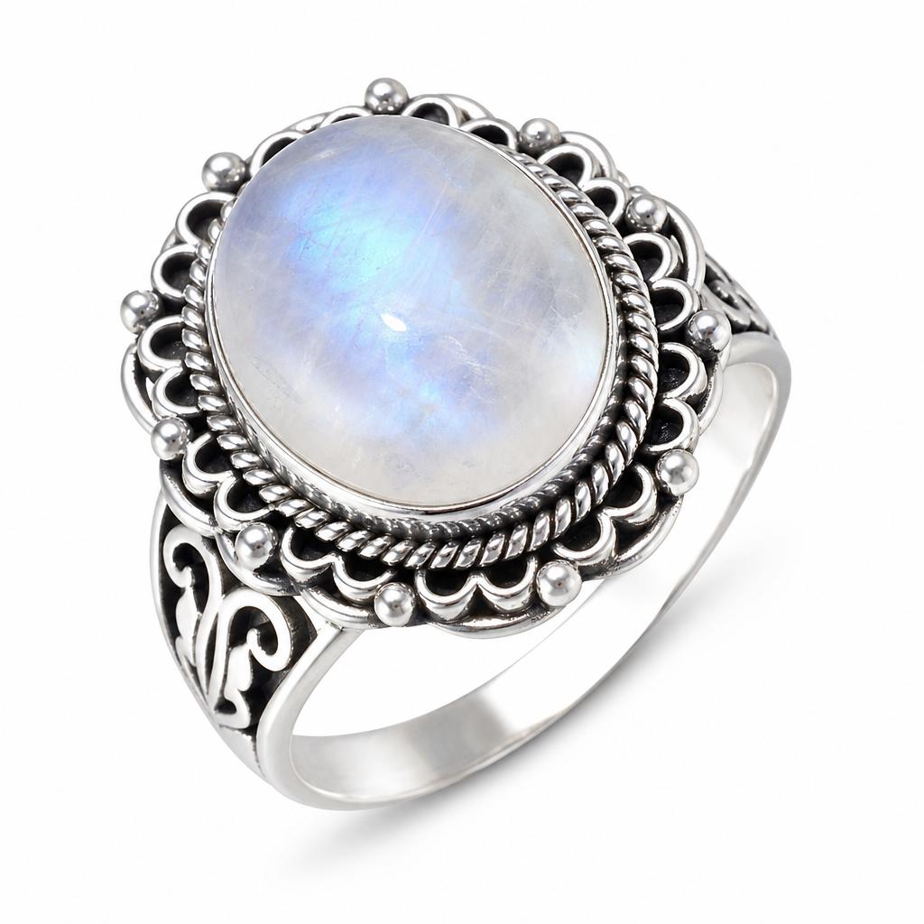 Moonstone ring with ethereal blue sheen