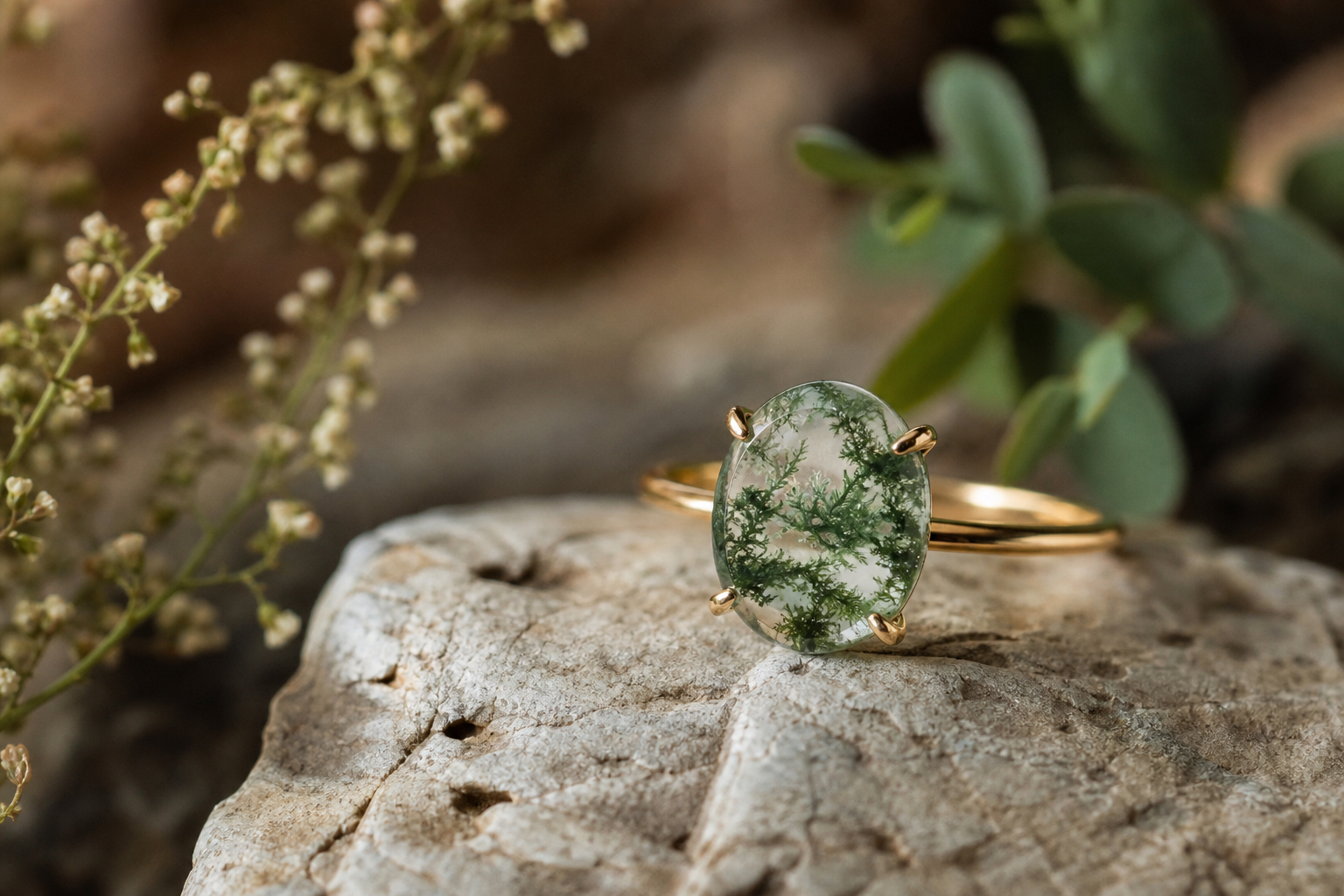 moss agate engagement ring