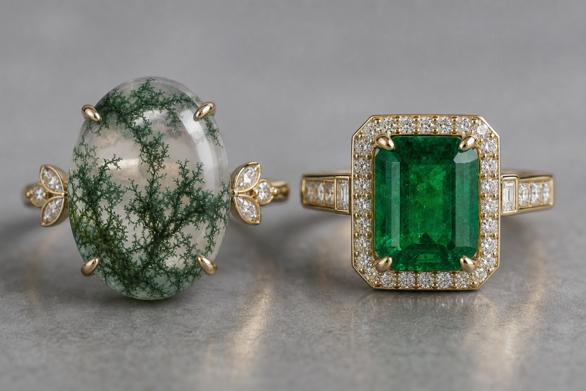 moss agate vs emerald ring